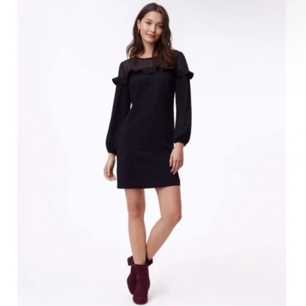 LOFT Black Sheer Yoke Ruffle Dress